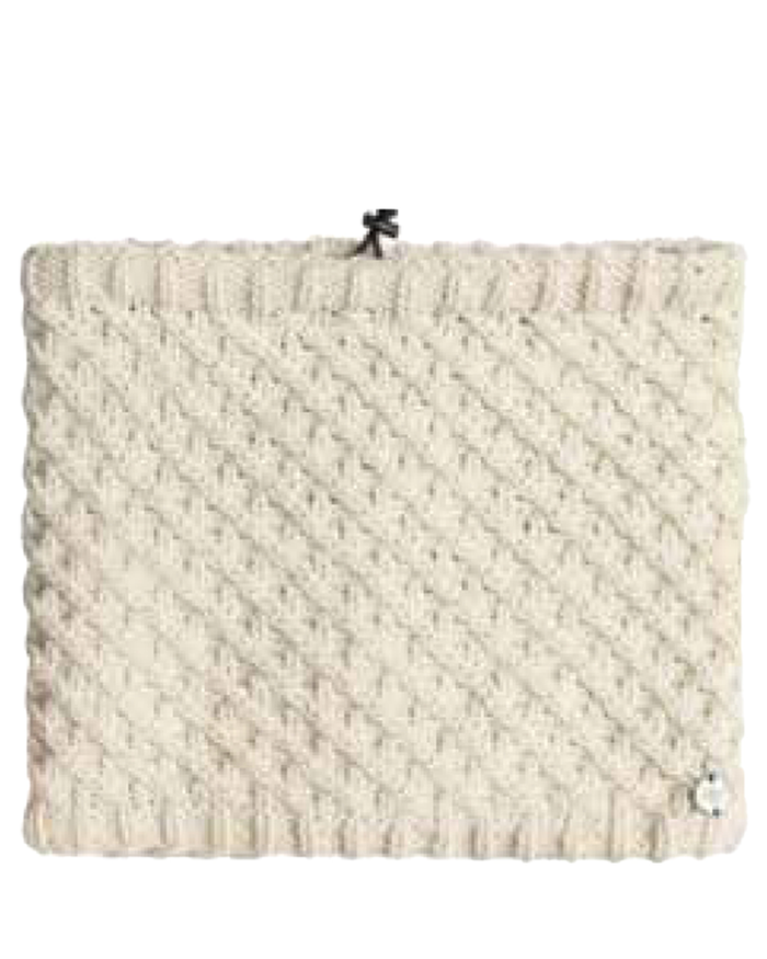 The Roxy Blizzard Collar is a rectangular, cream-colored knitted pouch with a textured pattern, ribbed edges, a metal clasp at the top center, and a round metallic tag—ideal as a stylish winter accessory or neck warmer.