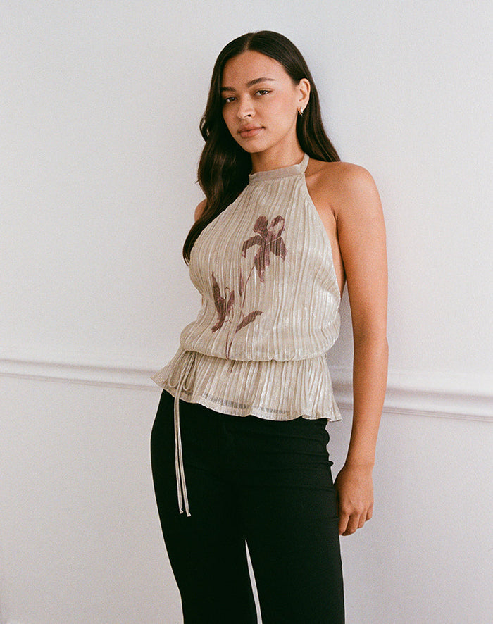Image of Brienne Top in Light Gold Shimmer with Slim Flower Print