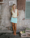 Image of Brix Asymmetric Mini Skirt in Chunk Waist Jersey Aqua