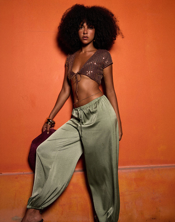 Image of Brizid Balloon Trouser in Crinkle Satin Khaki