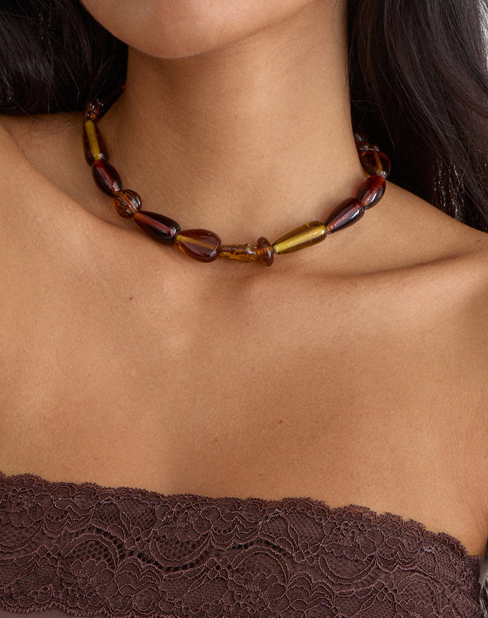 Image of Brown and Yellow Glass Beaded Gold Plated Necklace