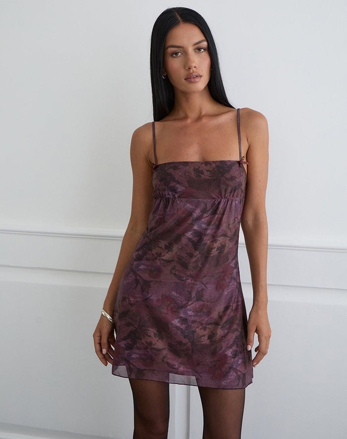 Image of Bublik Mini Dress in Mesh Blurry Floral Burgundy