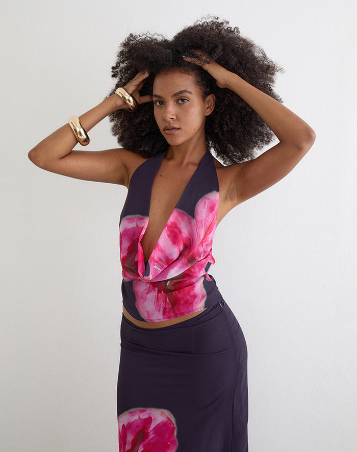 Image of Bujau Plunge Cowl Neck Top in Purple Chiffon with Desert Flower
