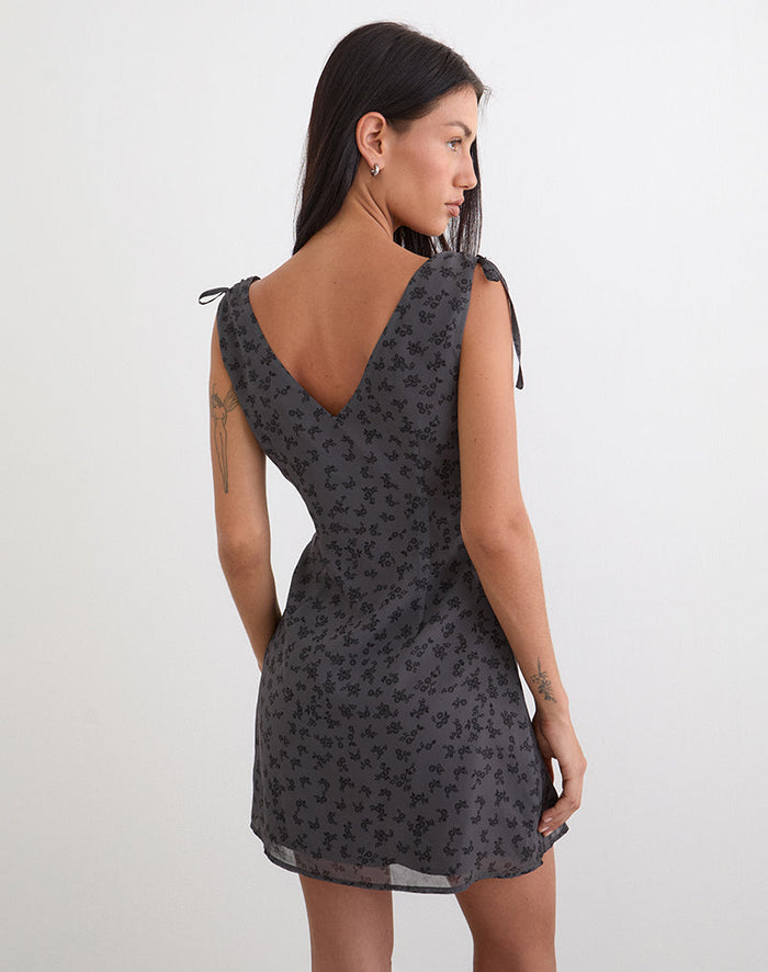 Image of Carmila Gathered Mini Dress in Minimal Flower Dark Grey