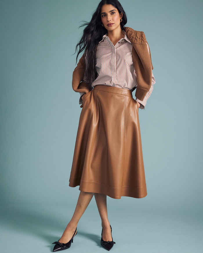 Elbe Popover Stretch Poplin Shirt Classic Fit - Allspice/White Stripe | Plus Size & Straight Size Women's Fashion | Universal Standard