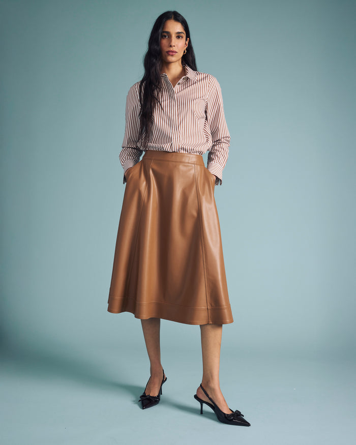Elbe Popover Stretch Poplin Shirt Classic Fit - Allspice/White Stripe | Plus Size & Straight Size Women's Fashion | Universal Standard
