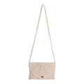 The Roxy Chips And Guac Medium Crossbody Bag in Egret features a beige crochet design with a long braided strap and a flap closure adorned with a sunburst pattern, making it the perfect hands-free everyday essential, shown against a plain white background.