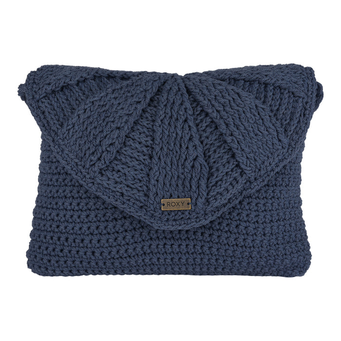 Introducing the Chips And Guac Medium Crossbody Bag by Roxy—a blue, chunky knit purse featuring a flap closure and a small metal Roxy label on the front. This everyday essential is perfect for keeping your must-haves stylishly organized.