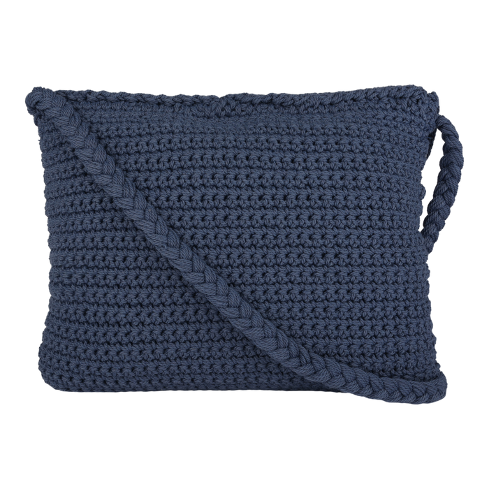 The Roxy Chips And Guac Medium Crossbody Bag is a navy blue crocheted rectangular bag with a thick braided strap, displayed against a plain white background—an everyday essential designed for hands-free convenience.