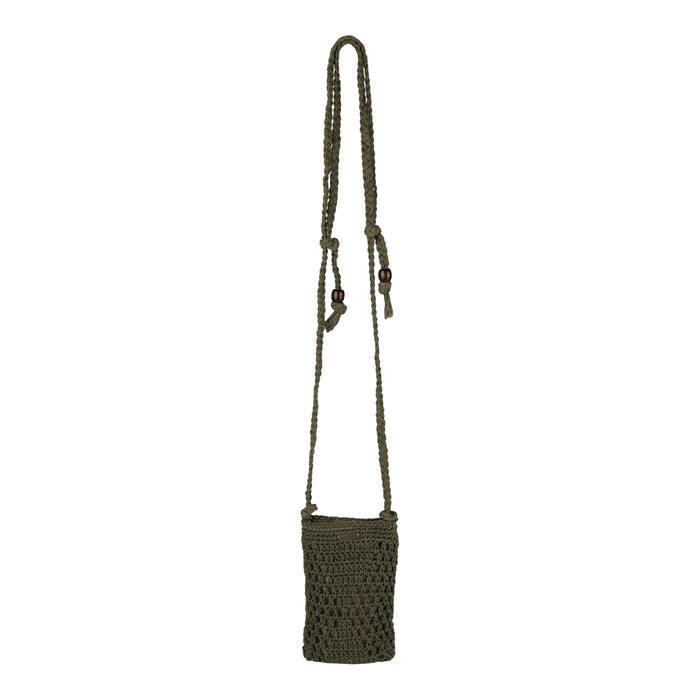 A small, dark green crocheted Chips And Guac Phone Bag from Roxy, featuring a long, stylish crossbody strap with two knotted accents adorned with round beads, displayed on a white background.
