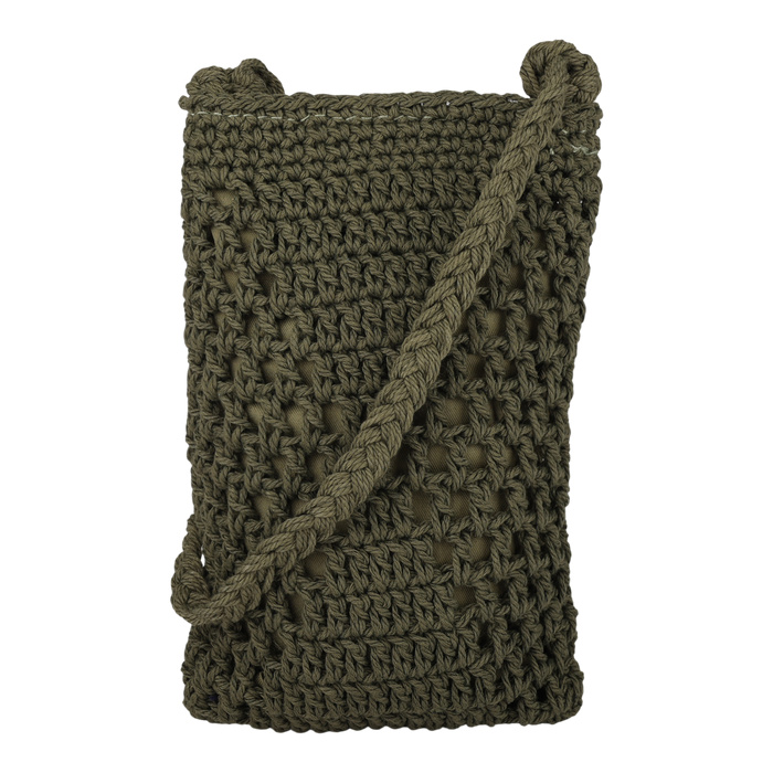 The Roxy Chips And Guac Phone Bag is a small olive green crocheted shoulder bag with a long crossbody strap, displayed upright against a plain white background. This stylish accessory adds effortless charm to any outfit.