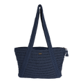 Introducing the Chips And Guac Tote Bag by Roxy in Vintage Indigo—a spacious woven tote featuring two shoulder straps, a zippered top closure adorned with a small tassel, and a subtle brand logo on the front—making it the perfect travel companion.