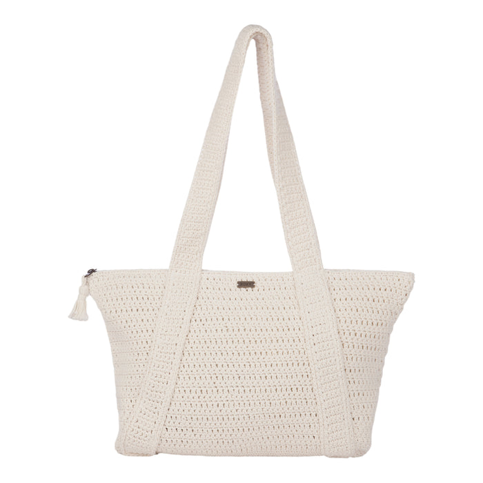 Introducing the Chips And Guac Tote Bag by Roxy in Egret—a crocheted, cream-colored spacious tote featuring two wide shoulder straps and a zippered top closure accented with a playful tassel. Your perfect travel companion!.