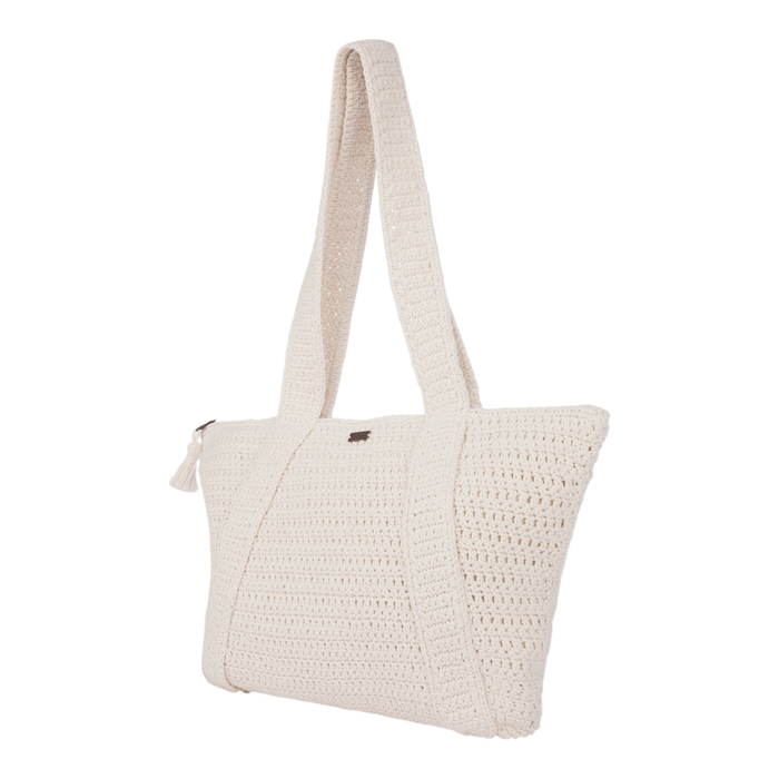 Introducing the Chips And Guac Tote Bag by Roxy: a cream-colored crochet shoulder tote featuring wide straps and a zippered top—spacious, stylish, and perfect for travel, shown against a white background.