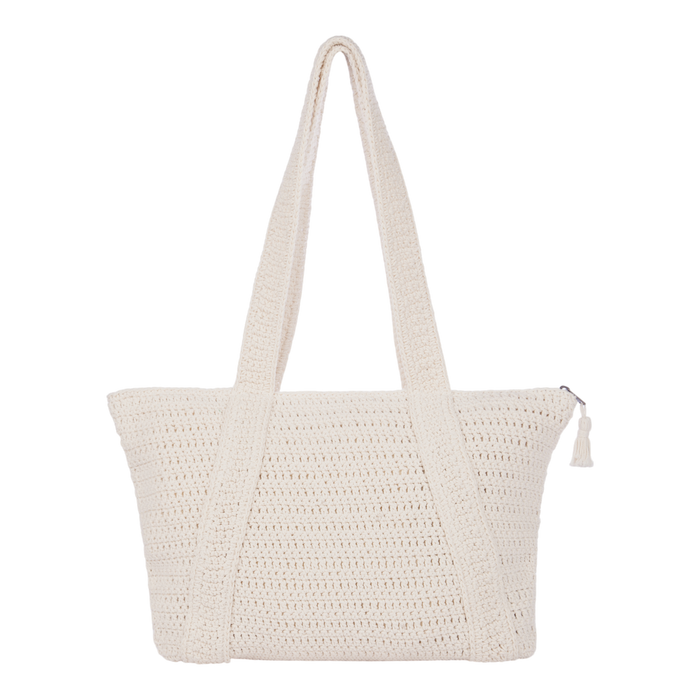 Introducing the Roxy Chips And Guac Tote Bag: a cream-colored crocheted tote with two wide shoulder straps and a secure zippered top closure, accented by a small tassel on the zipper pull. Displayed against a white background, this spacious bag is the perfect travel companion for your everyday adventures.