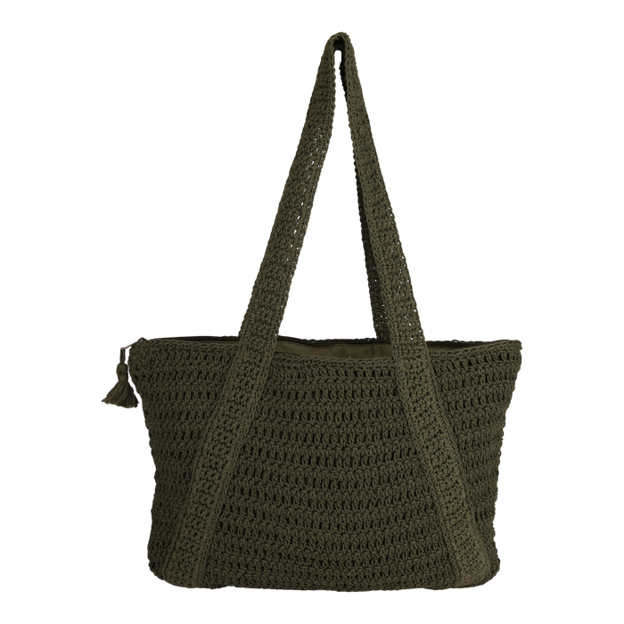 The Roxy Chips And Guac Tote Bag is a large, olive green crocheted tote featuring two wide shoulder straps and a small tassel attached to the zippered top—this spacious bag is the perfect travel companion for any adventure.
