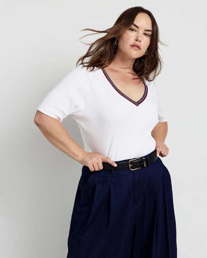 Classic V-Neck Ribbed Tee - White/Striped Trim | Plus Size & Straight Size Women's Fashion | Universal Standard