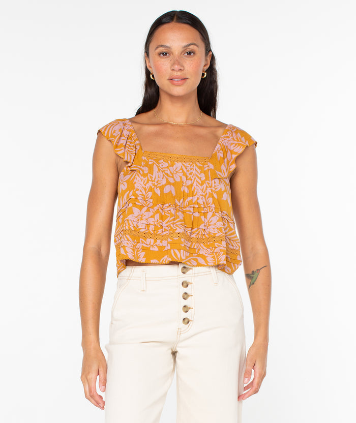 Coastal Rays Top - Buckthorn Brown Frangipani Floral - Roxy
