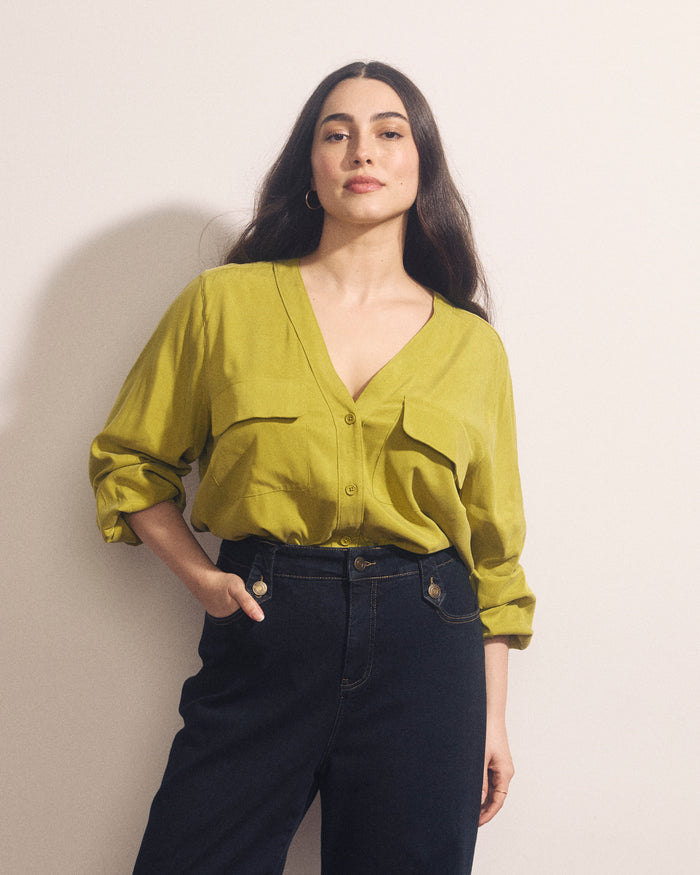 Cooling Stretch Cupro Button-Down Blouse - Twist of Lime | Plus Size & Straight Size Women's Fashion | Universal Standard