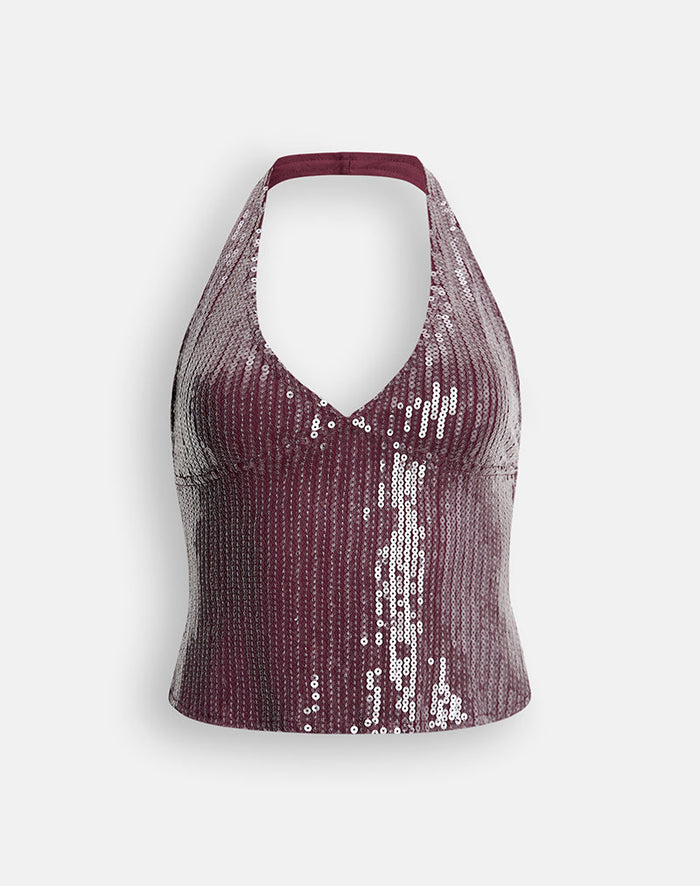 Image of Cosio Halter Top in Clear Sequin Burgundy