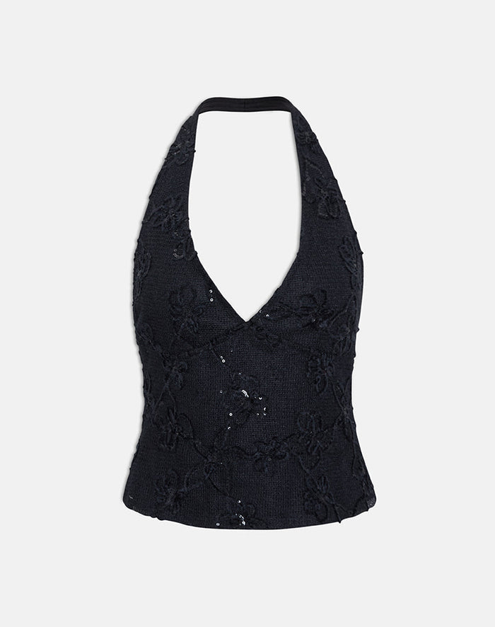 Image of Cosio Halter Top in Sequin Knit Black