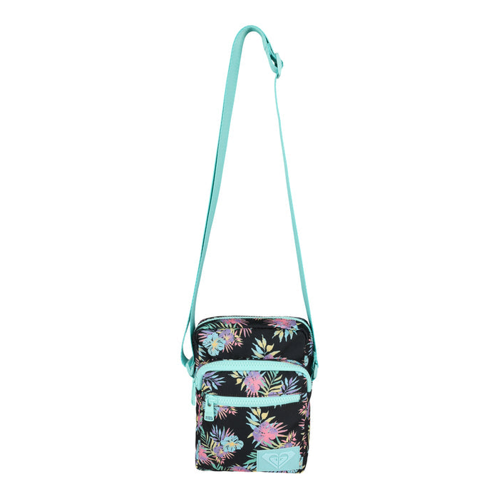 The Current Mood Crossbody Bag by Roxy in the Aquarella Active color features a playful pastel floral pattern, two zippered pockets, and an adjustable turquoise strap. Inspired by the iconic Roxy waistpack style, this bag is designed for comfort and versatility on the go.