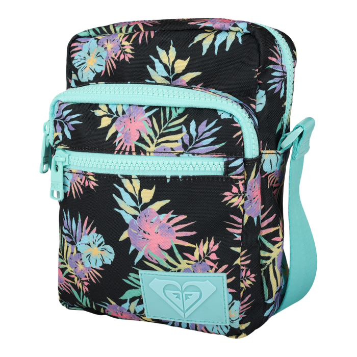 Small black crossbody bag with a pastel floral pattern, featuring two zippered compartments and a light blue strap. A light blue patch with the Roxy logo is on the front. The Current Mood Crossbody Bag offers an adjustable strap for comfortable wear, making it both stylish and practical for daily use.