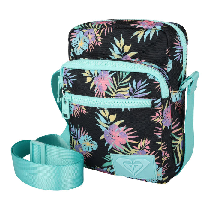The Roxy Current Mood Crossbody Bag features a vibrant tropical floral print on a black background, accented by a turquoise strap. With its two zippered pockets and adjustable waist strap for easy comfort and style, it perfectly doubles as a chic waistpack.