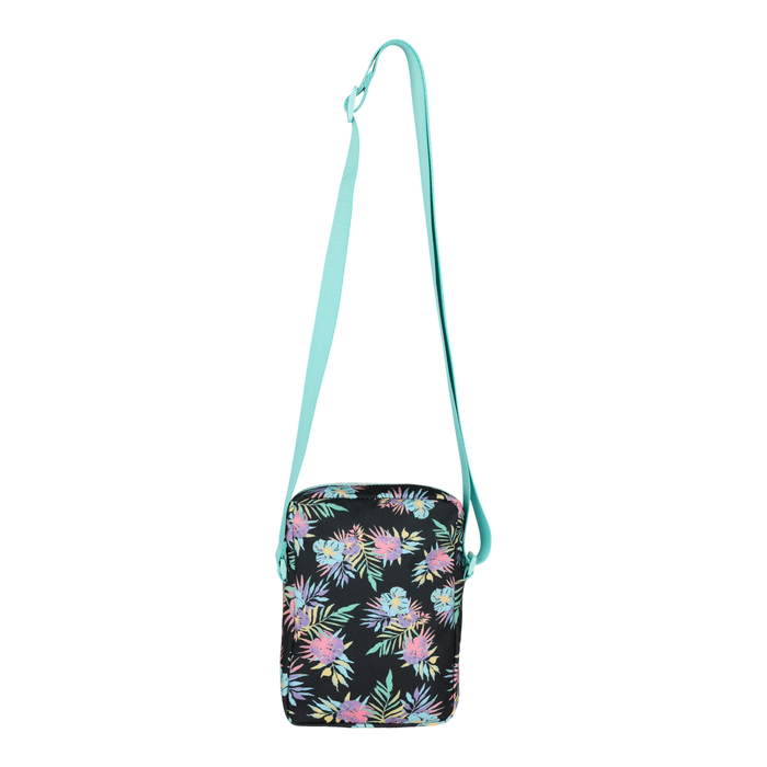 The Roxy Current Mood Crossbody Bag features a vibrant floral pattern with pink, green, and blue flowers and leaves on a small black design, complemented by a light blue adjustable waist strap—perfect for capturing the playful energy of the Roxy waistpack collection.