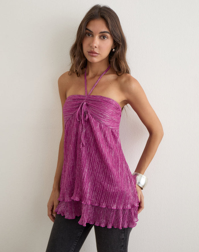 Image of Cutie Halterneck Top in Plisse Hot Pink