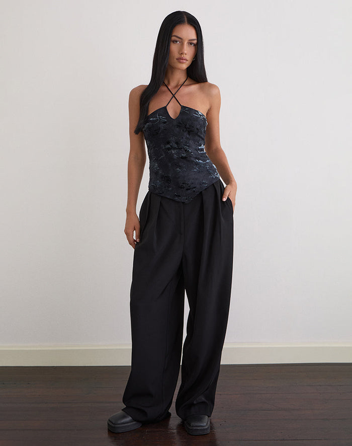 Image of Daiki Halterneck Top in Leaf Velvet Dark Blue