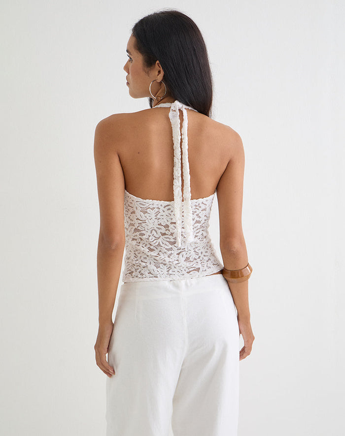 Image of Dainy Plunge Halterneck Top in Lace White