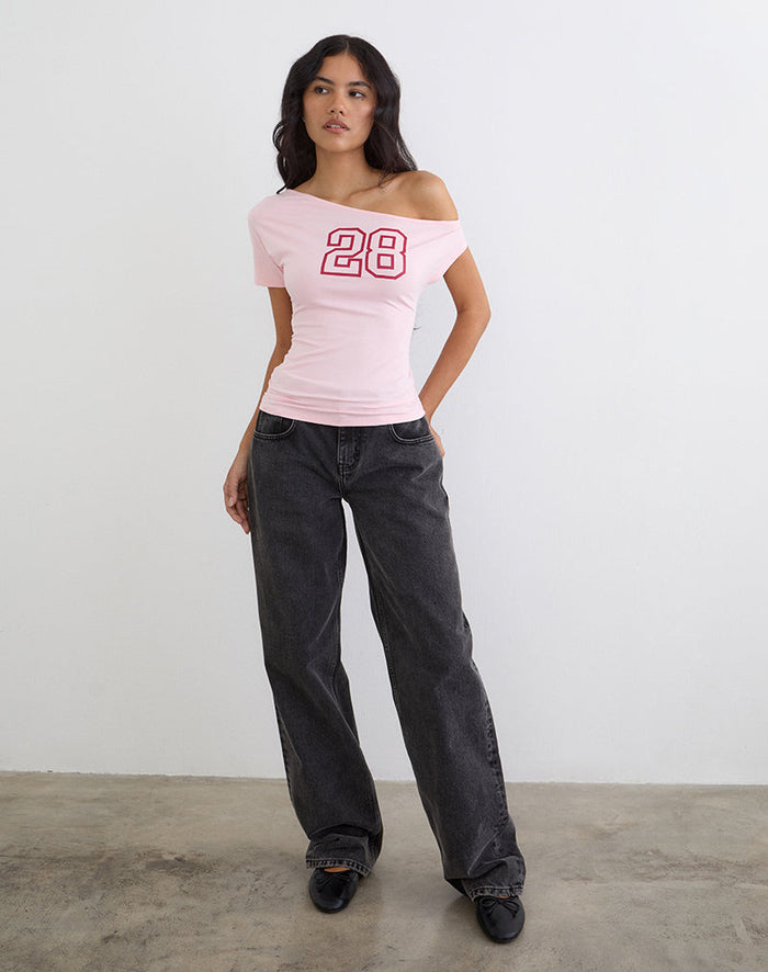 Image of Danama One Shoulder Top in Rayon Jersey Light Pink with '28' Graphic