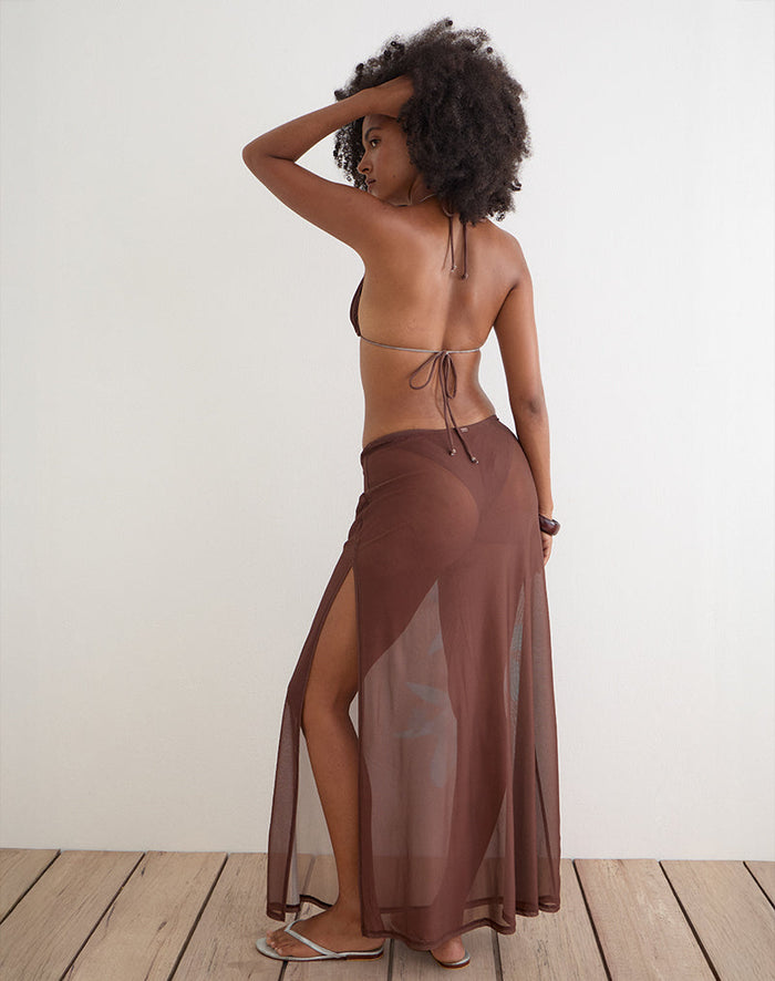 Image of Dartina Maxi Slip Skirt in Brown with Blue Desert Rose