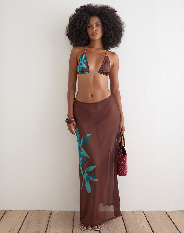 Image of Dartina Maxi Slip Skirt in Brown with Blue Desert Rose