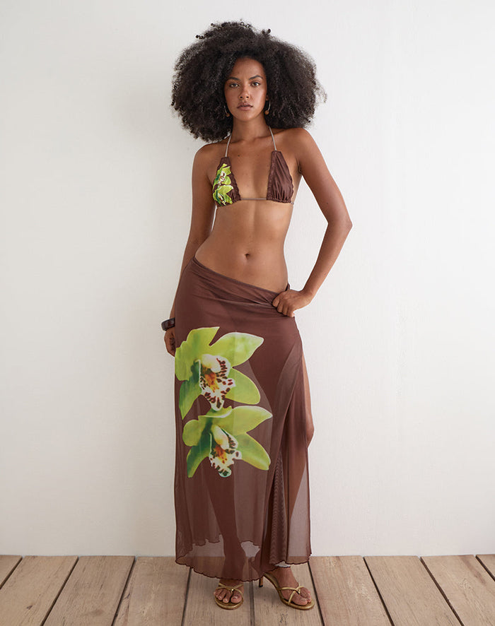 Image of Dartina Maxi Slip Skirt in Brown with Green Dendrobium Flower