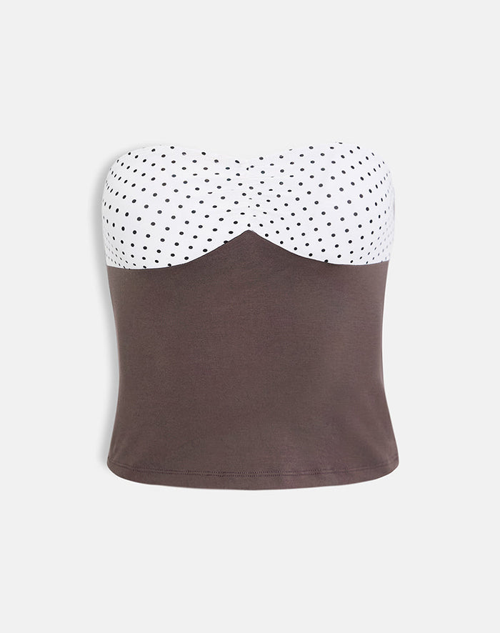 Image of Dayuri Bandeau Top in Peppercorn with White Polka Dots Panel