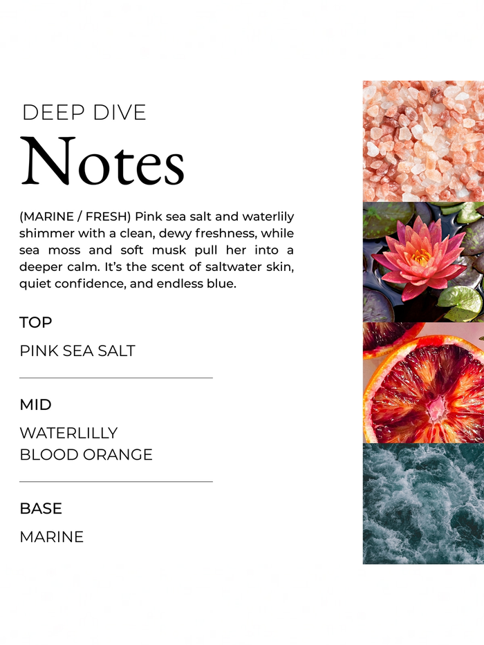 The Roxy Deep Dive Palm Tin Candle features scent notes of pink sea salt, waterlily, blood orange, and a marine breeze base. Images of sea salt, waterlily, blood orange, and ocean highlight its fragrance layers.