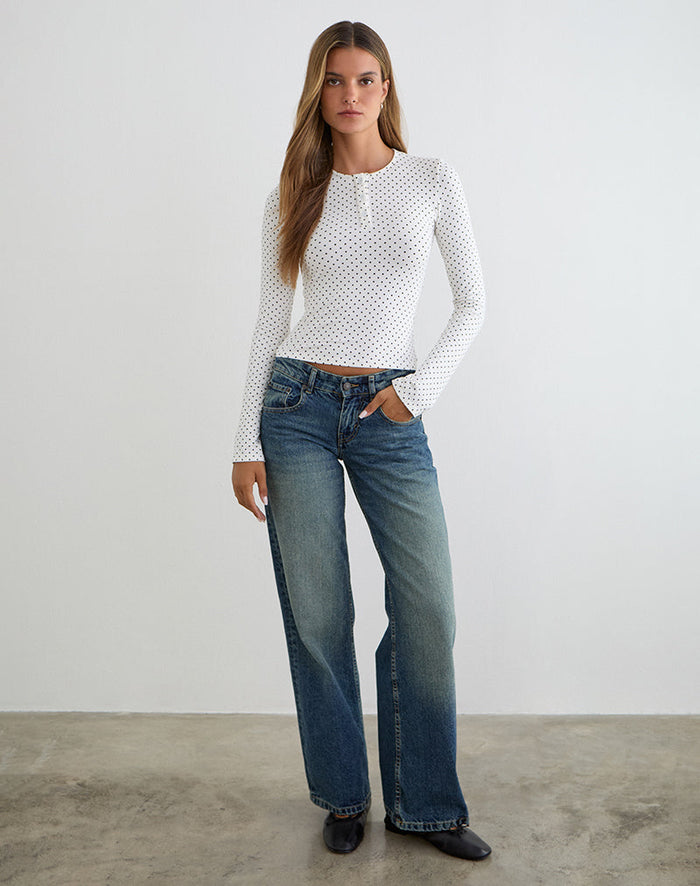 Image of Delano Top in White with Micro Polka Black Print