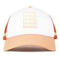 Introducing the Dig This Trucker by Roxy—a lightweight trucker hat in Papaya Punch, featuring “beach.” printed five times in yellow and orange on the front panel, complemented by orange mesh sides and a peach brim for ultimate surf style.
