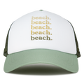 The Roxy Dig This Trucker Hat in Oil Green Beach features a green and white design with “beach.” printed four times in gold on the front, offering a lightweight style that’s perfect for embracing a carefree surf lifestyle.