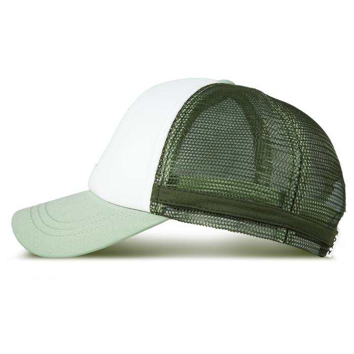 The Roxy Dig This Trucker Hat, shown in profile against a white background, features a lightweight green and white design inspired by the surf lifestyle, with a mesh back panel and a convenient zipper pocket on the side.
