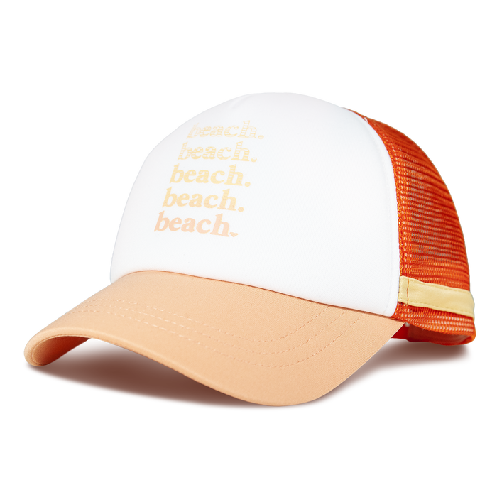 The Roxy Dig This Trucker is a white and orange trucker hat with “beach.” printed five times in yellow on the front. It features a peach-colored bill, an orange mesh back, and a lightweight design ideal for surf style adventures.