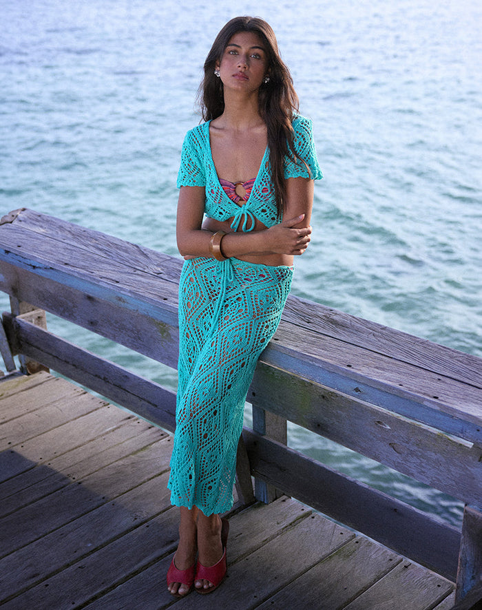 Image of Diora Midi Skirt in Crochet Knit Aqua Sky