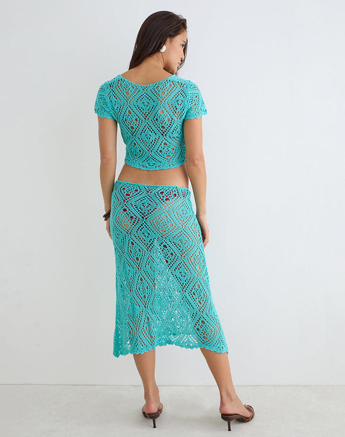 Image of Diora Midi Skirt in Crochet Knit Aqua Sky