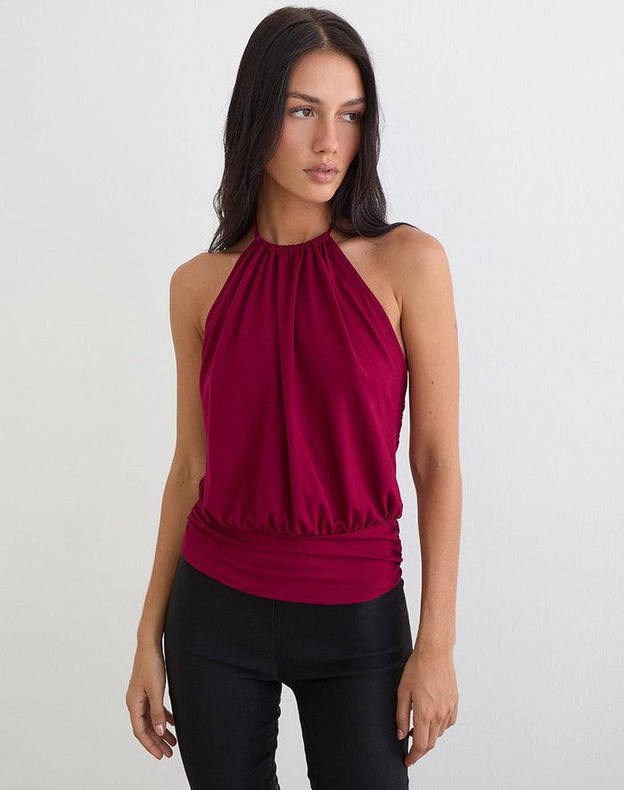 Image of Diraka High Neck Top in Rayon Jersey Burgundy