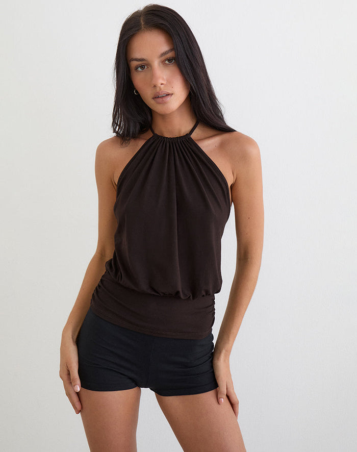 Image of Diraka High Neck Top in Rayon Jersey Chocolate Brown