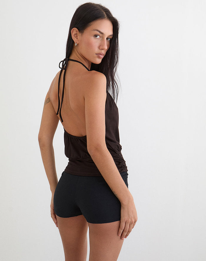 Image of Diraka High Neck Top in Rayon Jersey Chocolate Brown