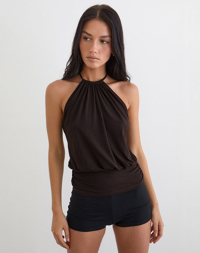 Image of Diraka High Neck Top in Rayon Jersey Chocolate Brown