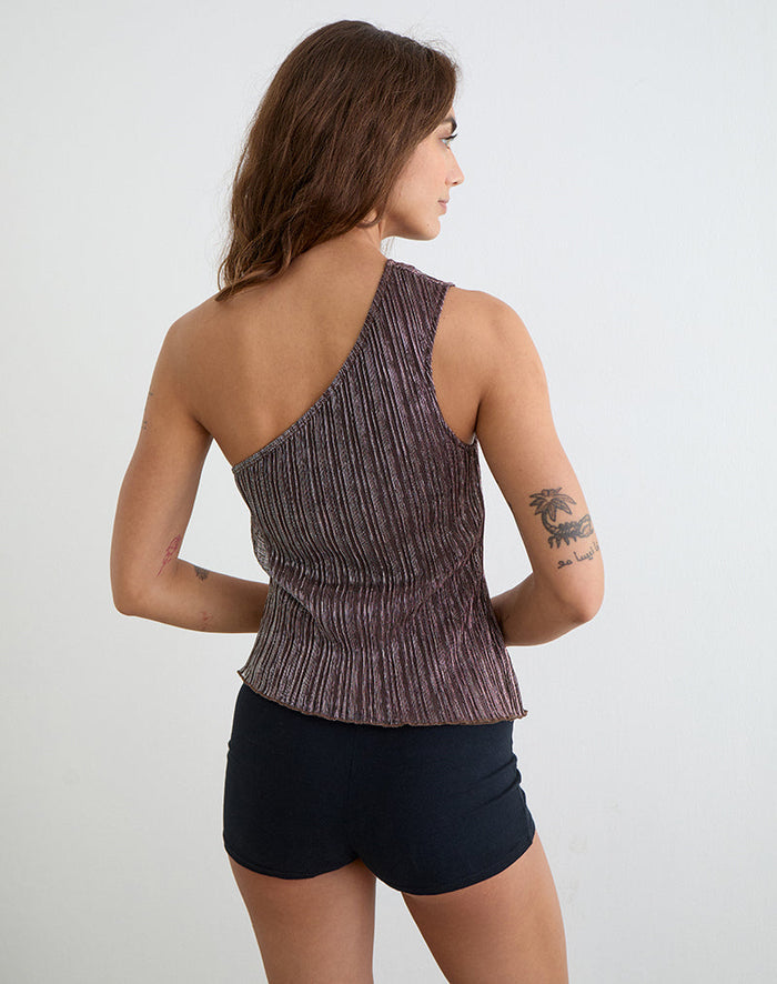 Image of Dirsa One Shoulder Asymmetric Top in Plisse Brown